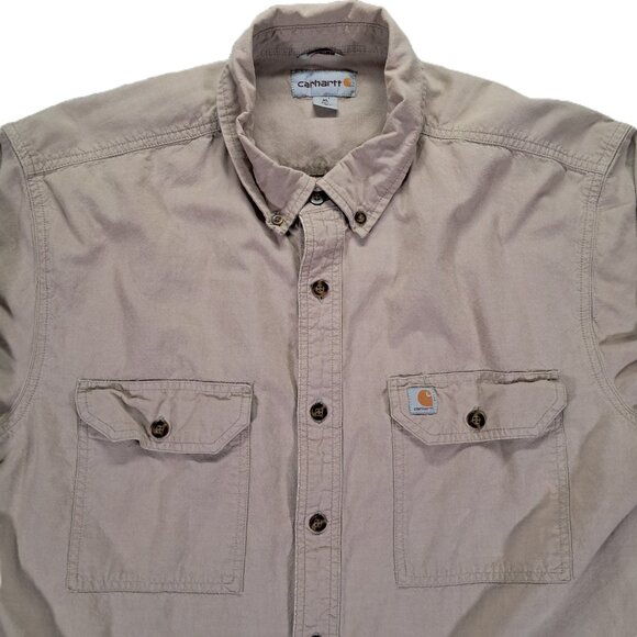 Carhartt Button Down Shirt Men XLT TALL Beige Long Sleeve Relaxed Fit Cotton - Picture 3 of 12